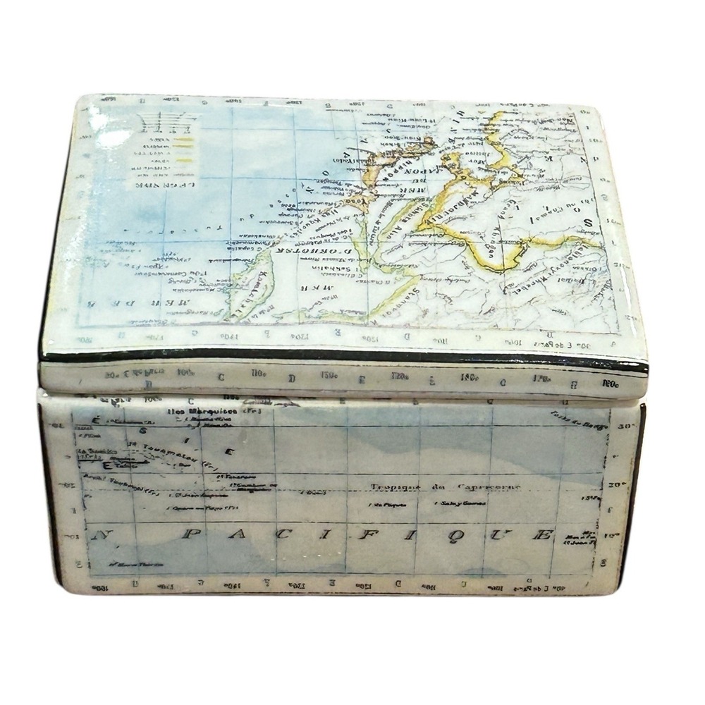 Fabienne Jouvin Paris Porcelain Trinket Box w/‎ Lid Tozai Japan Map Collectible